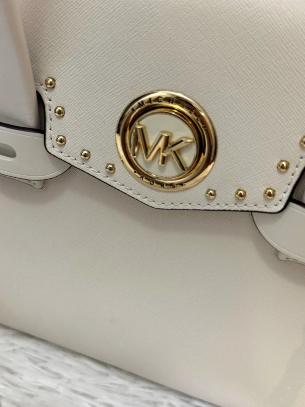 Michael Kors White Leather Studded Satchel Bag w/ Strap & Dust Bag